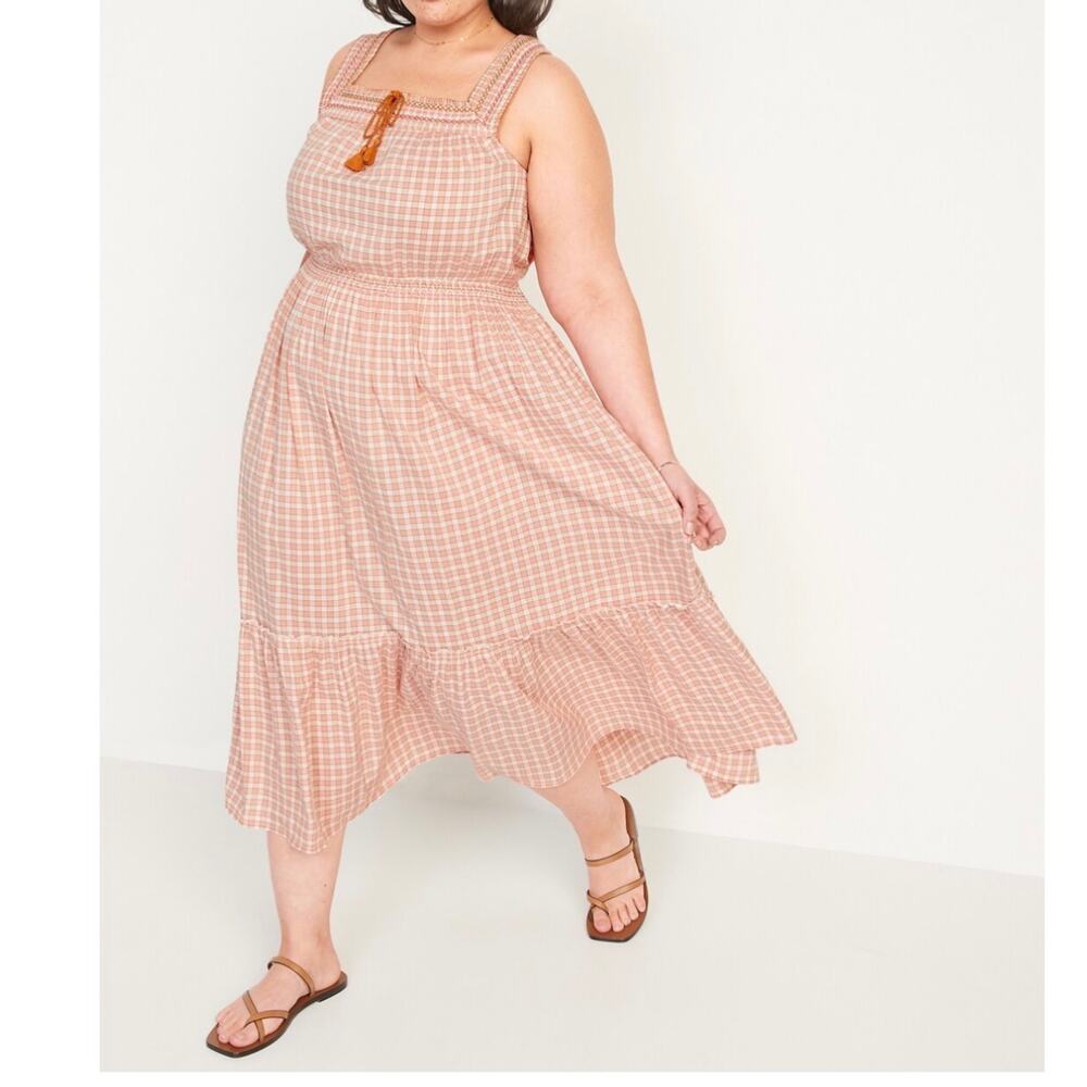 Old Navy Plus Women's Gingham Embroidered Waist Midi Maxi Dress 3X Pink